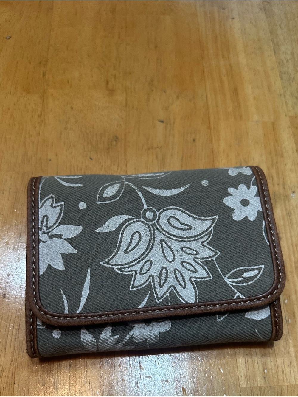 Myra Bag Brown Canvas Floral Trifold Wallet with White Print